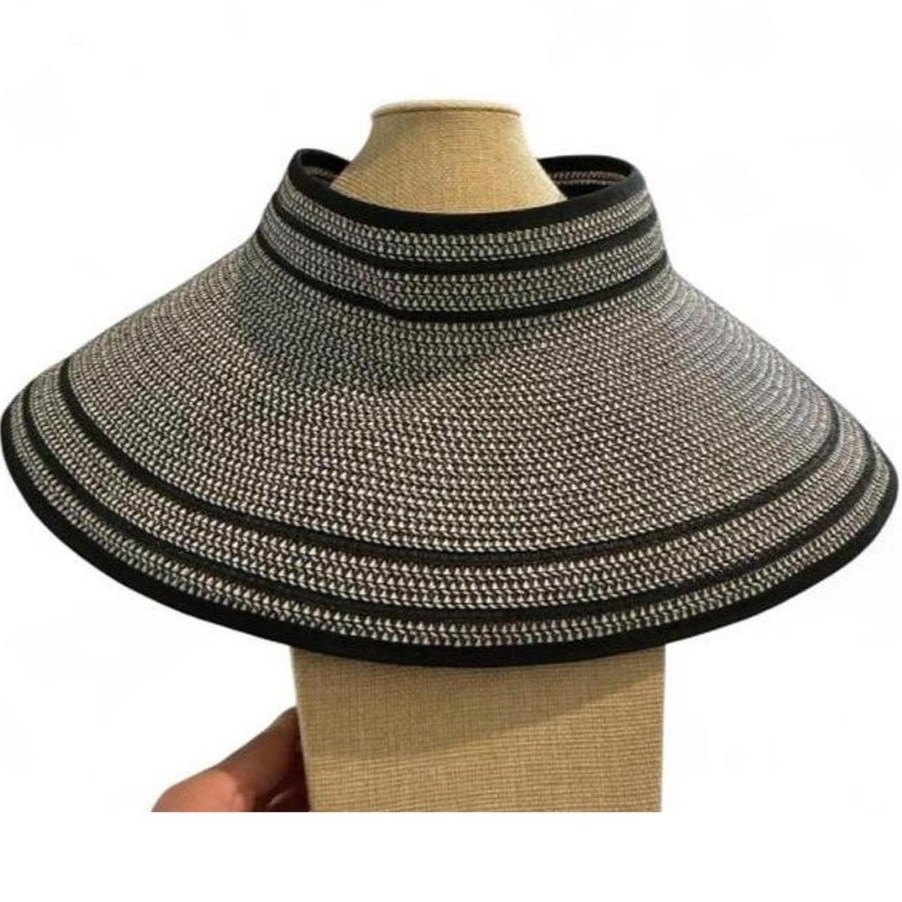 Magid Hats Sun Visor Women OS Black White Striped Bow Packable Straw